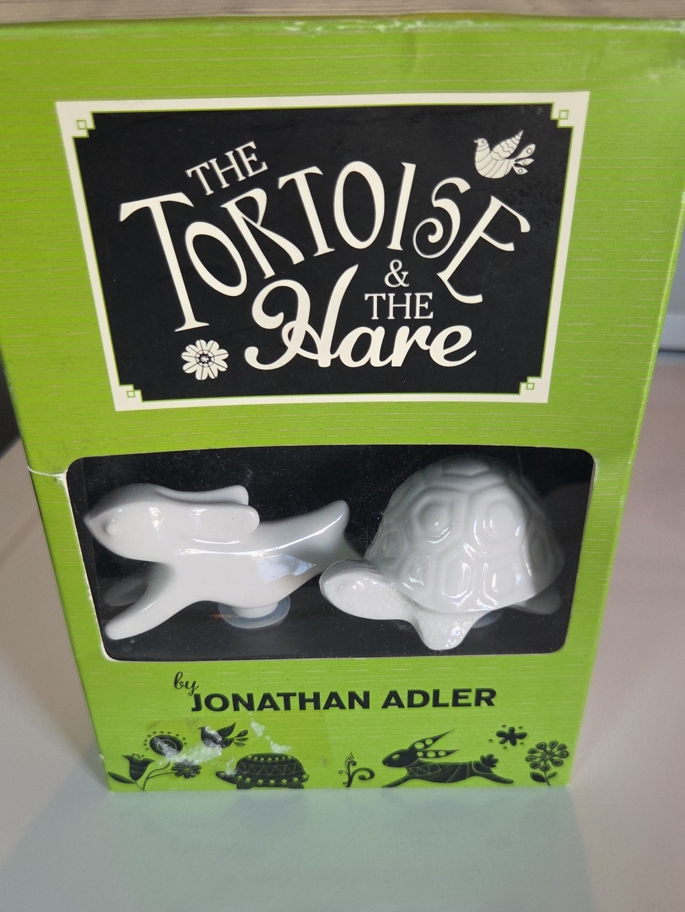 Jonathan Adler White Ceramic Tortoise & Hare Bottle Stoppers Set